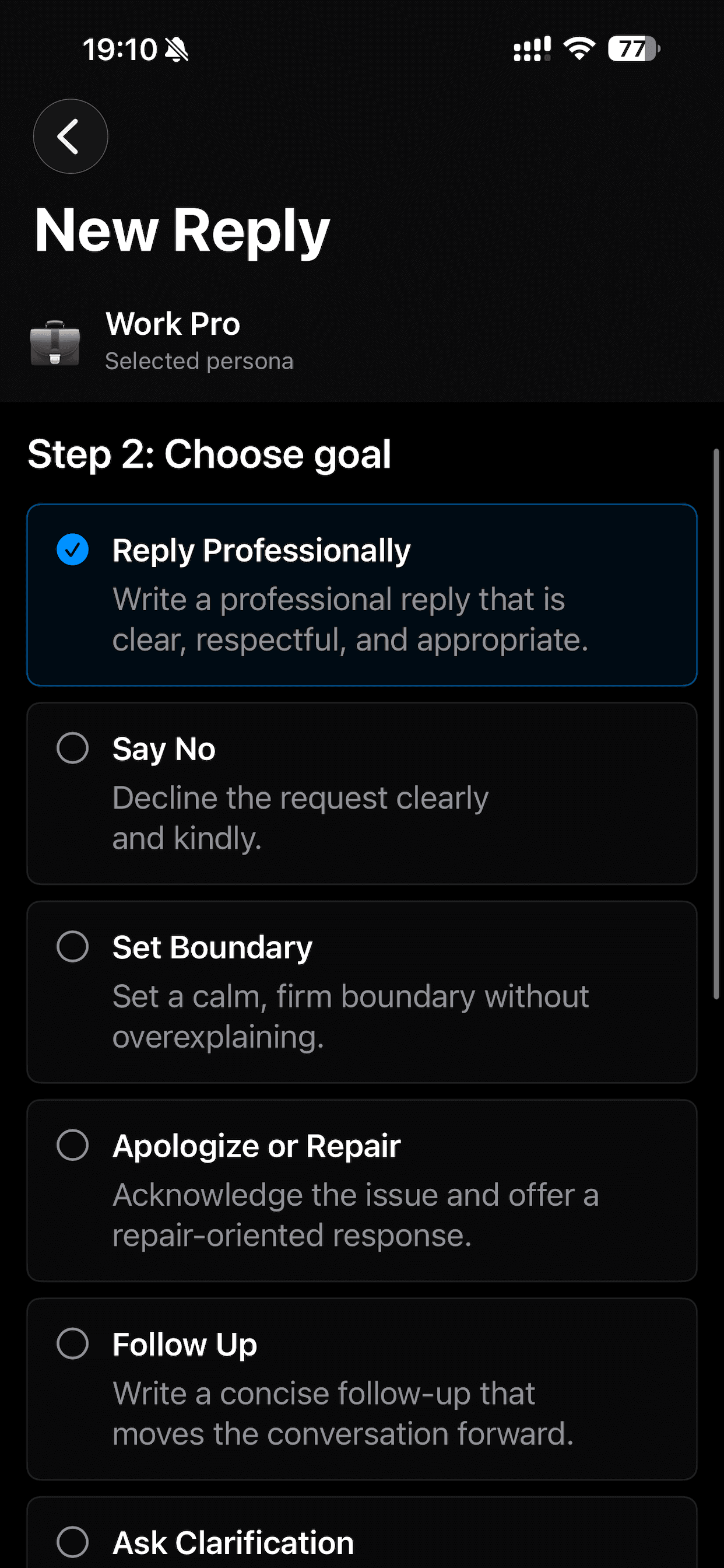ReplyLens choose goal screen