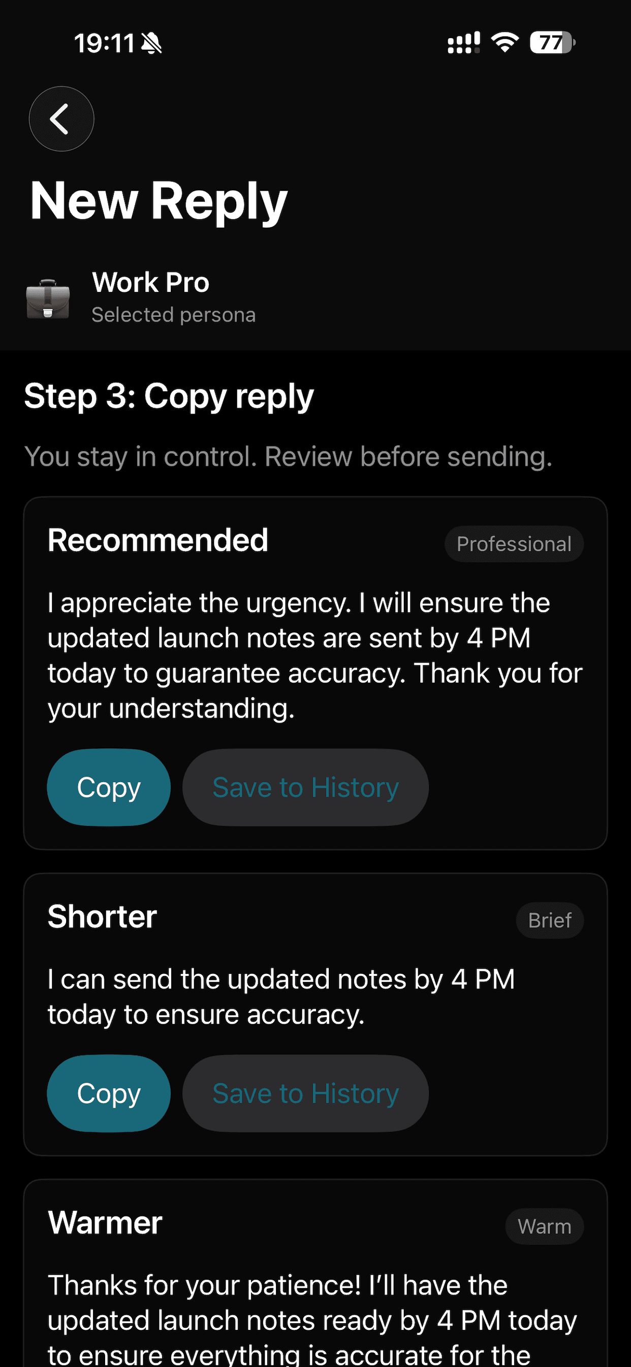 ReplyLens generated reply screen